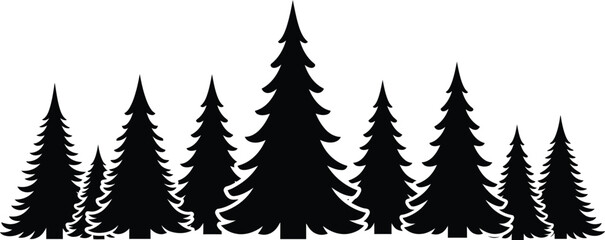 Dark forest silhouette of evergreen trees on transparent background