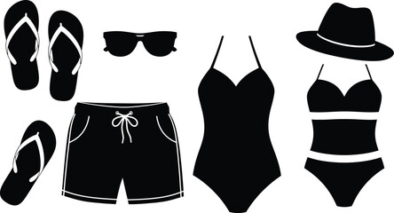 Summer vacation essentials arrangement beach accessories black silhouette on transparent background