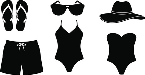 Summer vacation essentials collection with flip flops swimsuit and hat silhouette on transparent background