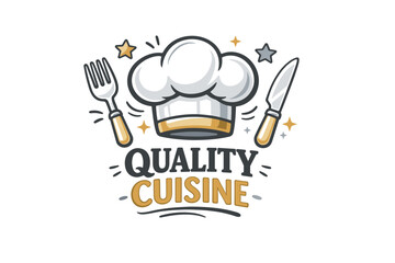 Quality cuisine logo with chef hat, fork, and knife design elements