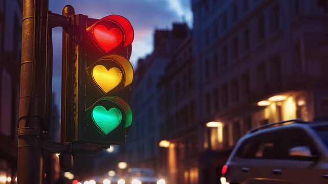 A close-up perspective captures a charming traffic light featuring glowing red, yellow, and green heart-shaped signals against a blurred city street at twilight.