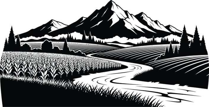 Dramatic mountain landscape with winding road trees and fields silhouette on transparent background - Powered by Adobe