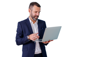 Professional businessman standing, working on laptop, presenting business ideas with transparent background