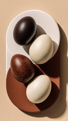 Easter eggs on plates arranged in studio composition photo background