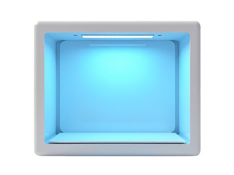 A white box with a blue light inside