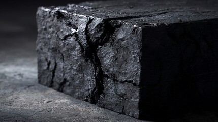 Close up of a rough dark black chunk of raw coal resting on a textured dark gray surface