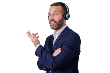 Confident man in headset providing customer support, explaining solution with hand gesture on transparent background