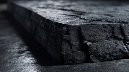 Extreme close up macro of rough black charcoal lump showing fractured porous texture and deep shadows