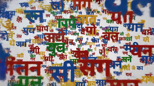 Colorful collage of Hindi words and Devanagari script in varied fonts and sizes.