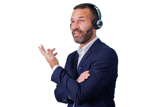 Confident man in headset providing customer support, explaining solution with hand gesture on transparent background