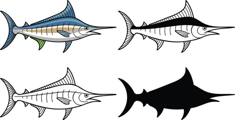 Blue marlin fish silhouette & Outline and illustration set isolated on transparent background