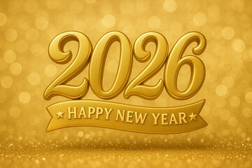 Golden 2026 Happy New Year Banner with Sparkling Lights, Glitter Background, and Festive Ribbon