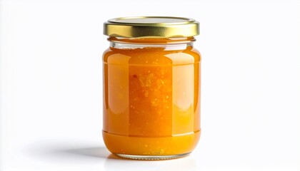 Close-up of a jar filled with an orange, semi-transparent preserve, gold lid