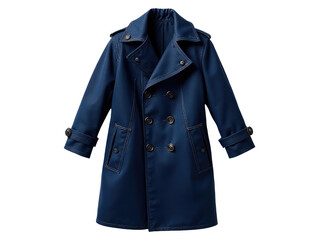 A woman wearing a blue trench coat against a white background