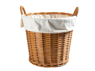 A wicker basket containing a white cloth, great for rustic or vintage themed settings