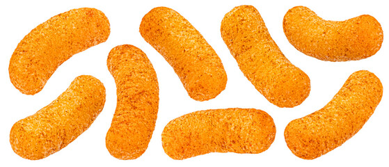 Crispy corn sticks, crunchy texture with salted coating isolated on white background, full depth of...