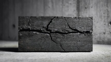 Heavily charred and cracked piece of dark wood plank resting on a textured concrete surface
