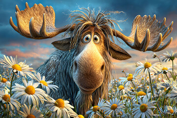 Whimsical Moose Surrounded by Cheerful Daisies