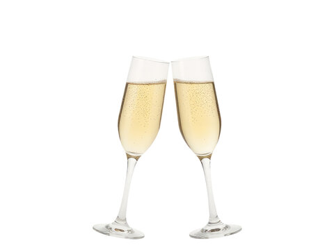 Two champagne flutes on a clean white surface