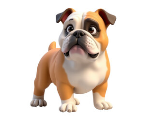 A brown and white dog stands next to a white wall, looking alert