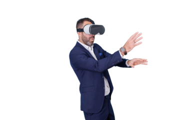 Businessman exploring virtual reality in metaverse, experiencing new digital world with vr headset, transparent background