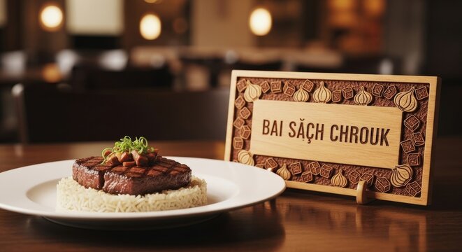 Iconic Cambodian Bai Sach Chrouk with Rice and Pickles, with Engraved Krabau Wood Sign and Garlic Motifs in Urban Street Light