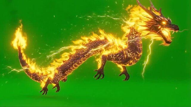 Fiery Dragon with Lightning on Green Screen Background.
