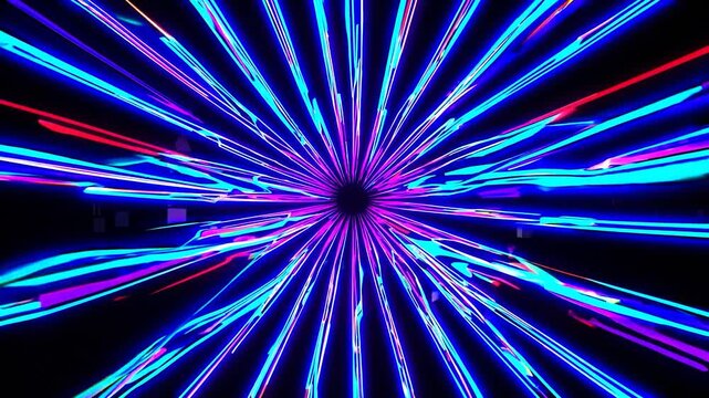 Dynamic neon corridor vj loop simulating hyperspace travel through glowing blue and purple data tunnels, evoking futuristic technology, warp speed, digital network and cosmic motion