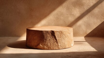 Rough terracotta cylinder pedestal resting on a textured floor with dramatic diagonal sunlight shadows