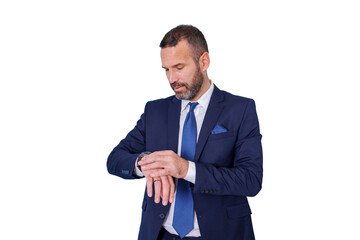 Businessman checking wristwatch, feeling urgency about punctuality and time management, professional on transparent background
