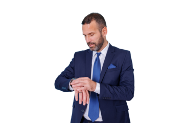 Businessman checking wristwatch, feeling urgency about punctuality and time management, professional on transparent background