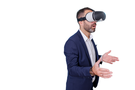 Businessman wearing virtual reality headset experiencing metaverse technology, exploring future digital world - Powered by Adobe