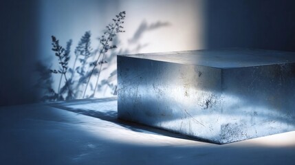 Metallic gray block pedestal casting strong shadows against a muted blue background with faint plant outlines