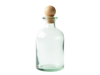 A clear glass bottle with a wooden stopper, perfect for decorative or vintage themed designs
