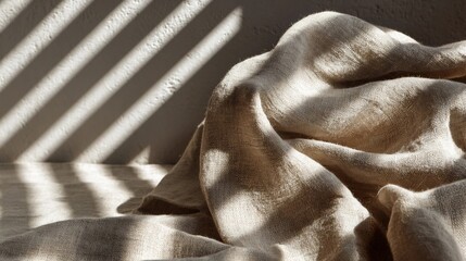 Textured natural linen fabric draped with dramatic diagonal shadows cast by window blinds