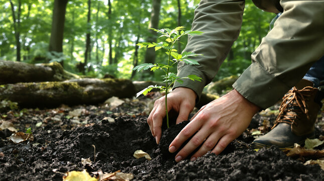 Hands planting a young tree sapling in a forest for reforestation and climate action