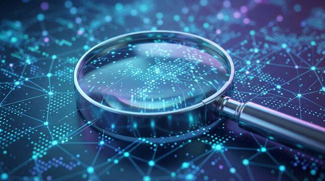 Magnifying glass analyzing abstract data dots in blue tones - Powered by Adobe
