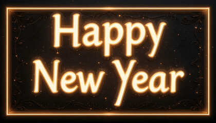 Fototapeta premium Golden Happy New Year text on black background with decorative border