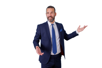 Businessman presenting ideas, talking, and gesturing with open hands, offering a solution on a transparent background