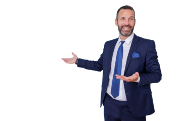 Businessman in a blue suit and tie presenting or welcoming, gesturing with open arms while smiling, offering an introduction. Transparent background