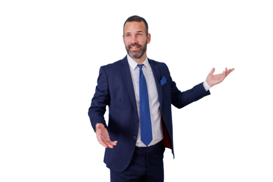 Businessman presenting ideas, talking, and gesturing with open hands, offering a solution on a transparent background - Powered by Adobe