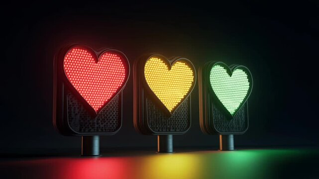 A smooth cinematic dolly move passes a row of three futuristic heart-shaped traffic lights, glowing brightly in red, yellow, and green against a dark, reflective background.