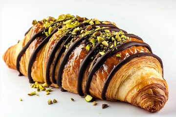 Gourmet croissant with dark chocolate drizzle and crushed pistachios on white background.