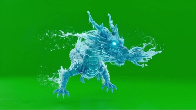 Mystical Blue Dragon Creature Appears on Green Screen Background.