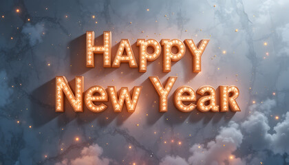 Happy New Year celebration with sparkling lights in cloudy sky