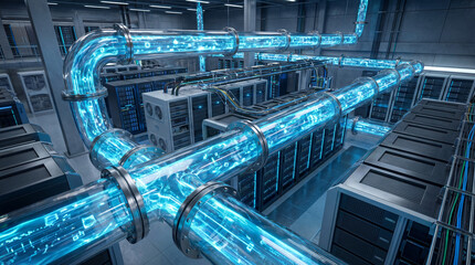 Transparent pipeline with flowing blue liquid data