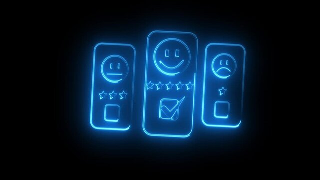 Customer service evaluation concept. smiling  using a smartphone And  a smiling icon on virtual screen in satisfaction. black background 4k video .