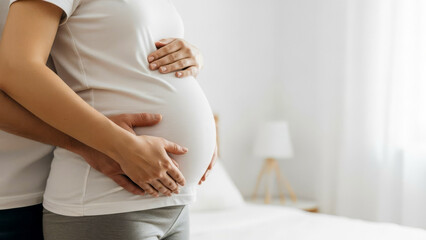 Pregnant couple expecting baby at home touching belly in bright bedroom. Pregnancy, family, expecting child, parenthood,
