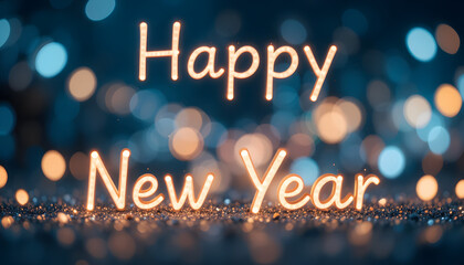 Happy New Year celebration with sparkling lights and bokeh background