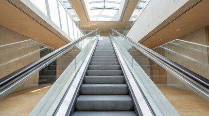 Obraz premium Ascending escalator in modern minimalist building interior